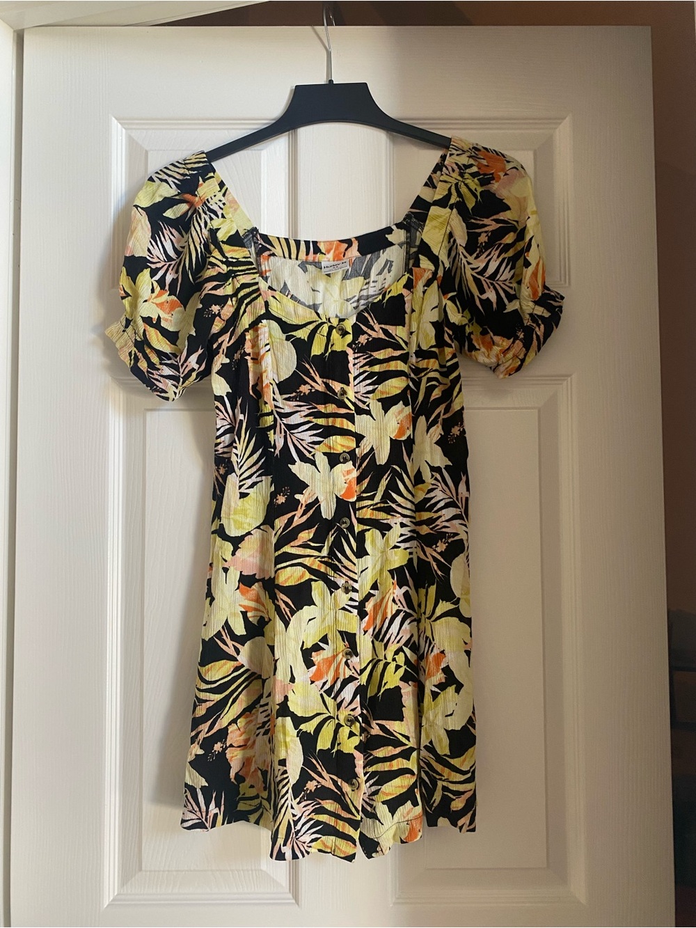HURLEY Black Tropical Floral Mini Dress with Yellow & Orange Accents